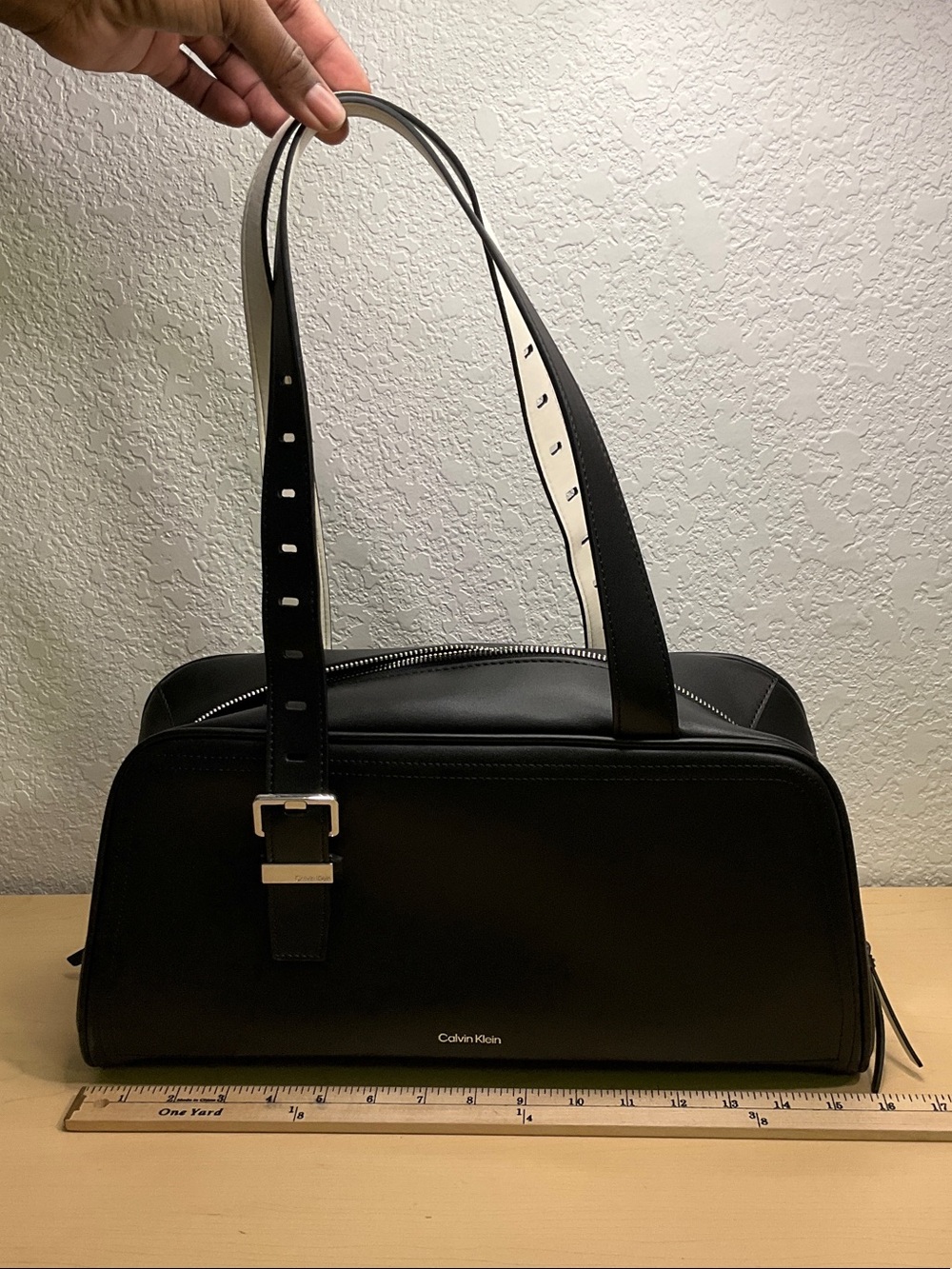 Calvin Klein Black Leather Duffel Tote with Contrast Strap